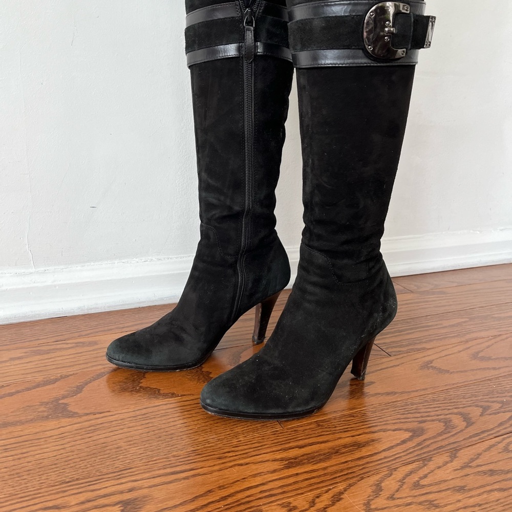 Cole Haan black suede with gunmetal hardware buckle size 6 inside zip